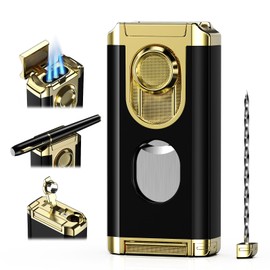 All-in-one Torch Lighter with Straight Sharp Tool, Built-in Punch, Holder, Draw Enhancer Tool, Triple Jet Flame Windproof Lighters, Refillable Lighters with Multifunctional Accessories, Gifts for Men