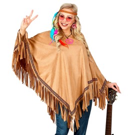 shoperama Tan Unisex Fringe Poncho in Suede Look for Hippie Native American Goucho