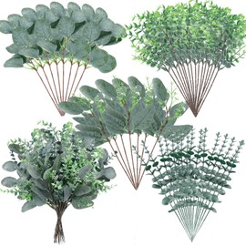 Chunyin 32 Pcs Mixed Artificial Eucalyptus Leaves Stems Fake Eucalyptus Leaves Sprays Silver Dollar Faux Greenery Branches for Rustic Vase Floral Wreath Bouquets Wedding Decoration(Novelty)