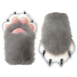NexinEstic Grey Therian Paws Comfy Furry Paws Faux Fur Fursuit Paws, Cute Cat Paw Gloves Therian Gloves with Claws, Furry Costume Cosplay Cat Wolf Fox Costume