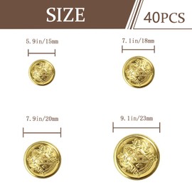 Pack of 40 Gold Blazer Buttons Suit Buttons Round Shape Metal Buttons Uniform Buttons for Men and Women (15 mm 18 mm 20 mm 23 mm in Diameter)