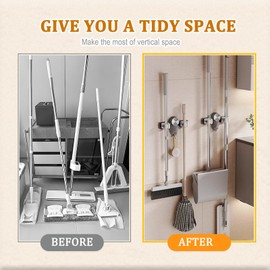 Broom Holder Wall Mount, Suction Cup Broom and Mop Organizer Wall Hanging, Broom Rack with Hooks for Bathroom, Kitchen, Utility Room, Laundry Room (1, Transparent)