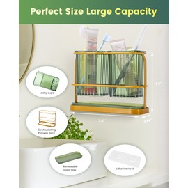 KONE Green Toothbrush Holders for Bathrooms, 2 Cups Toothbrush Holders Wall Mounted, Dry & Wet Separation, Bathroom Organizers and Storage, Bathroom Toothbrush Holder Set for Family Kids