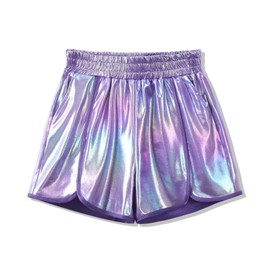 Girls Metallic Shorts Kids Shiny Hot Pants Elastic Waistband Shorts with Pockets,Purple,6-7Y
