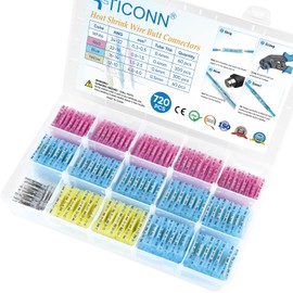 TICONN 720pcs Heat Shrink Butt Connectors Kit, AWG 24 – 10 4 Sizes Butt Splice, Insulated Waterproof Electrical Marine Automotive Wire Crimp Terminals (720pcs)