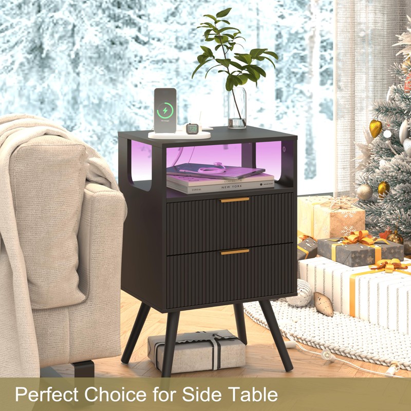 JOONEE Black Nightstand with Charging Station and LED Lights,Modern Bedside