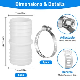 Zocipro 4 pieces pool hose 38 mm connector, hose adapter 38 mm, double hose nozzle hose connector 38 mm to 38 mm with 8 x universal stainless steel hose clamps