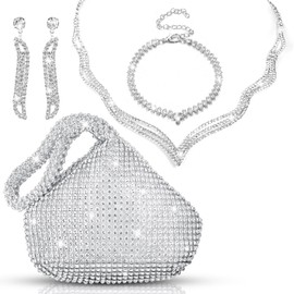 Meanplan 4 Pcs Silver Clutch Purse Jewelry Set for Women Evening Rhinestone Purse Silver Accessories for Women Bride Wedding(Delicate Style)