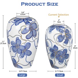 Blue and White Ceramic Vase for Home Decor – Hand-Painted Porcelain Flower Vase with Gold Accents – Chinoiserie-Inspired Home Decor Vases – 9" for Table, Shelf, or Mantel