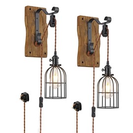 Vintage Wall Sconces Set of Two Plug In,Rustic Pulley Wall Lamps for Bedroom,Hanging Lights with 6.5ft On/Off Switch Cord,Black Rustic Wall Lamp for Bedroom Bedside Living Room Farmhouse Décor.