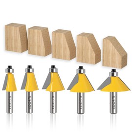 WSOOX 5PCS Chamfer Router Bit Set 1/2" Shank Edge Forming Cutter with Bearing Guided Bevel Edging Router Bit (11.25°,15°,22.5°,30°,45°.) (1/2 shank)