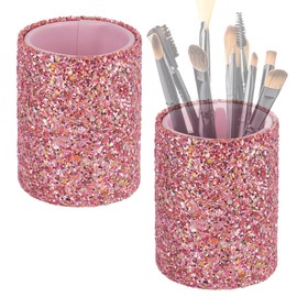 Biiange Pink Glitter Makeup Brush Holder, Cute Cups for Makeup Brushes, Storage Box Container Vanity Decor Accessories for Storage Makeup Brush, Eyebrow Pencil, Eyeliner (2Pcs Pink)
