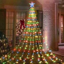 Aofonchy Christmas Tree Lights, 2M/ 6.6FT x 9 Strands USB Waterfall Tree Lights with Topper Star, 198LED Christmas Lights with Remote, 8 Modes Fairy Lights for Xmas Garden Tree Decor
