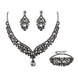 EVER FAITH V Shape Bridal Jewellery Set Austrian Crystal Elegant Statement Teardrop Necklace Earrings Bracelet Set Grey Black Tone, Crystal, No Gemstone