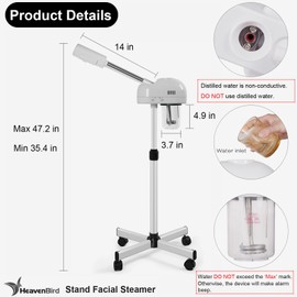 HeavenBird Stand Professional Ozone Facial Steamer with Touch Control, Adjustable Height & Rolling Base, 360° Rotatable Nozzle, Hot Mist Function, Use for Home, Salon SPA (White)