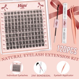 Higu clace Wispy-Lash-Clusters-Kit, 120pcs Wispy-Cluster-Lashes-Kit D Curl Natural Individual Lashes with Lash Bond and Seal Waterproof and Lash Tweezers DIY Lash Extension at Home(SLENDER02 10-18MM)