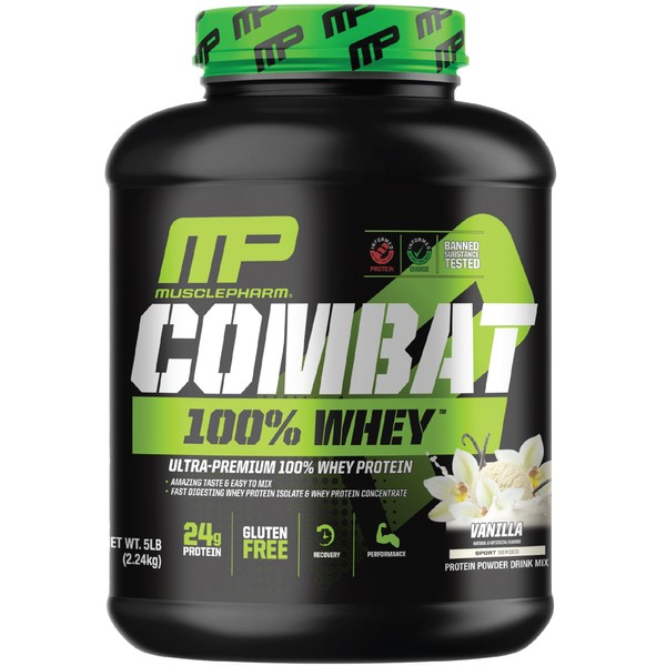 MusclePharm Combat 100% Whey Protein Powder, Vanilla Flavor, Fast Recovery & Muscle Gain with Whey Protein Isolate, High Protein Powder for Women & Men, Gluten Free, 5 lb, 70 Servings