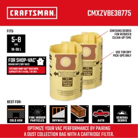 CRAFTSMAN CMXZVBE38775 Fine Dust Wet Dry Vac Dust Collection Bags for Most 5 to 8 Gallon Shop Vacuums, Collects Dry Fine Debris, Reduces Cleanup Time, 2-Pack