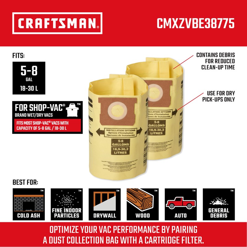 CRAFTSMAN CMXZVBE38775 Fine Dust Wet Dry Vac Dust Collection Bags
