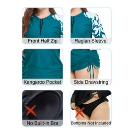 Halcurt Plus Size Rash Guard for Women UPF 50+ Zip Drawstring Ruched Pocket Top, Peacock Blue/Leaf, 3X