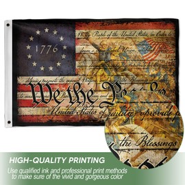 We The People Flag, USA Flag, Vintage American History 1776 2-Sided House Flag With Grommets 36" x 60" (3x5 ft)