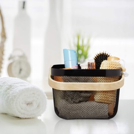 Relaxdays Storage Basket, Handle, Clothing, Decoration, Cosmetics, Steel & Wood, Utensil Basket, 17.5 x 26 x 24.5 cm, Black, 1 Piece