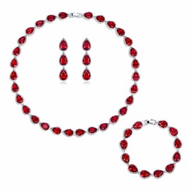 GULICX Red Teardrop Party Drop Earrings Cubic Zirconia CZ Silver Tone Ruby Tennis Bracelet Jewellery Set Earrings and Necklace Gift for Women