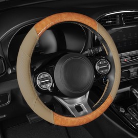 BDK BurlwoodLux Wood Grain and PU Leather Beige Steering Wheel Cover - Sport Grip for Car Auto SUV Trucks