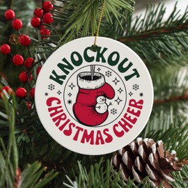 2.75" Round Ceramic Christmas Ornament, Miniature Boxing Glove Ornament with Glitter and Tiny Snowman for Knockout Christmas Cheer