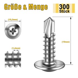 Pack of 300 Self Tapping Screws 4.2 x 19 mm Stainless Steel Flat Head with Disc and Phillips Screwdriver Bit