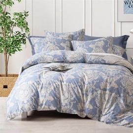 ALEISSEL 100% Natural Cotton 3pcs Floral Duvet Cover Sets-Grayish Blue Duvet Cover with Luxurious Beige Damask Pattern,Reversible Botanical Comforter Cover Sets with Button Closure(King,Damask