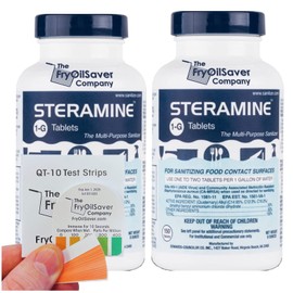 2 Bottles Steramine Tablet, Steramine Sanitizer Tablet w/ 15 QT-10 Test Strip for Food Service, Multi Purpose Sanitizing Tab for Food Contact Surface, Kitchen & Restaurant by FryOilSaver Co. (300 Tab)