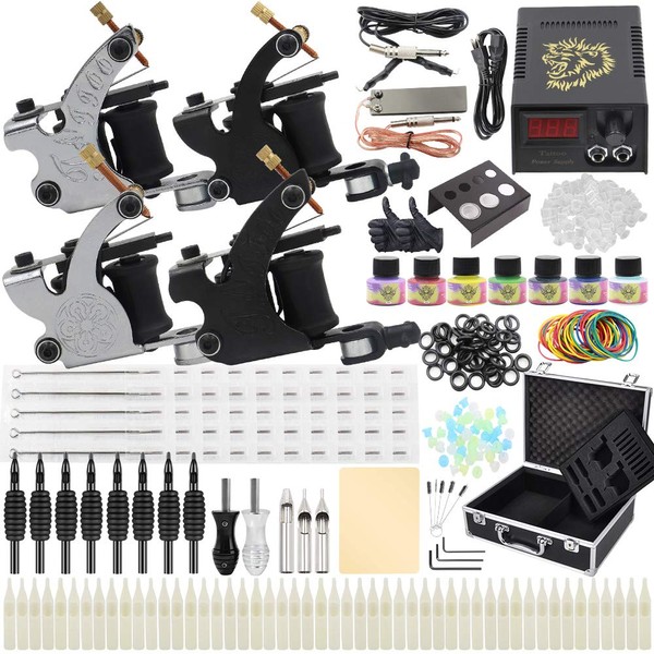 Complete Tattoo Machine Kit - Yuelong Tattoo Machine Kits Liner Shader Tattoo Guns with Power Supply Foot Pedal Inks Tattoo Needles Tips Grips Tattoo Accessices Tattoo Supplies (Black)