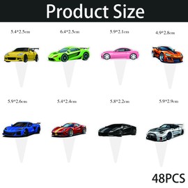 Lyosehy 48PCS Race Car Cupcake Toppers - 8 Designs, 6pcs Each - Red, Black, White - Perfect for Birthday, Baby Shower - Reusable Paper Toppers