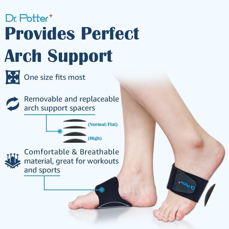 DR. POTTER+ Arch Support, Plantar Fasciitis Relief Adjustable Compression Bands