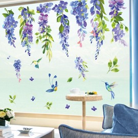 wondever Spring Blue Purple Flower Window Clings Hummingbird Hanging Vine Floral Leaf Glass Sticker Decal Anti Collision Double-Side Static Window Decals for Home Glass Window