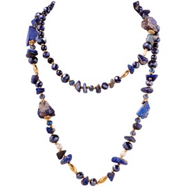 MINACHI Navy Long Necklace, Rough Stones, Coated Reflective Glass Beads, Luxury Vintage Chunky Jewelry for Women