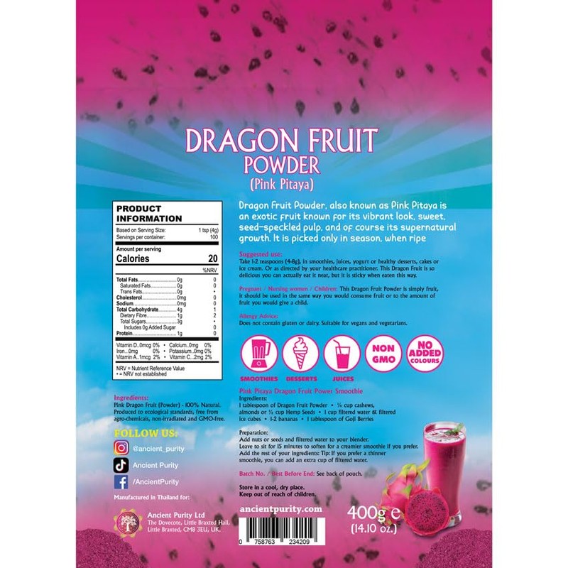 Dragon Fruit Powder (Pink Pitaya) 400g Pouch
