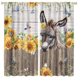 Funny Cute Donkey Rod Pocket Blackout Curtains for Living Room,Room Darkening Rustic Farm Animals Donkey Butterfly Flower Sunflower Window Treatment,2 Panels 45" L x 21" W