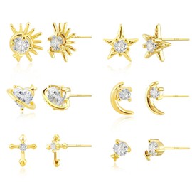 Jursena 3 Pairs Earring Set for Women 14K Hypoallergenic Gold Plated Earrings Multiple Piercing Small Cartilage Earrings Set Dainty Stud Earrings for women and teengrils, SQUARE EARRINGS SET, Sterling