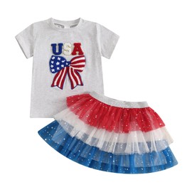 Kayotuas 4th of July Toddler Girl Outfit USA Bow Shirt Red White Blue Sparkle Star Tulle Skirt Set Fourth of July Tutu Dress (Gray, 12-18 Months)