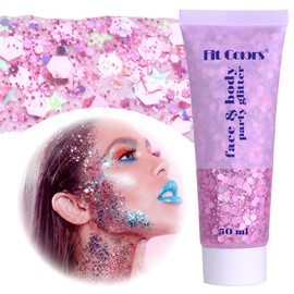 Body Glitter Gel, Festival Glitter Face, 50 ml Glitter Liquid Gel, Body Glitter Festival Accessories, Glitter for Make-Up Cosmetic Festival Party, DIY, Nails, Lips (Dark Pink)