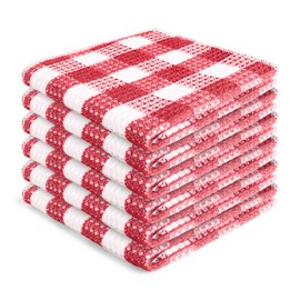 Blue Needles Waffle Weave Check Plaid Dish Cloths, 12x12 Inches 100% Cotton Set of 6 Dish Towels for Kitchen, Ultra Soft & Absorbent Kitchen Towels for Quick Drying - Burgundy & White