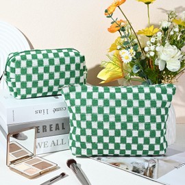 SOIDRAM 2 Pieces Makeup Bag Large Checkered Cosmetic Bag Capacity Canvas Mix Travel Toiletry Bag Organizer Cute Makeup Brushes Aesthetic Accessories Storage Bag for Women, Checkered Mix Green