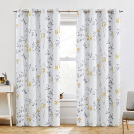 Beauoop Floral 100% Blackout Curtains 84 Inches Long 2 Panels for Bedroom Living Room Yellow Grey and White Flower Patterned Room Darkening Thermal Soundproof Gromment Window Treatments Drapes, 52X84