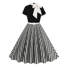 Black and White Vertical Striped Dress Women 1950s Vintage Cocktail Swing Dress 50s 60s Short Sleeve Audrey Hepburn Rockabilly Prom Dress Spring Garden Flare A line Tea Party Dress Black Striped XL