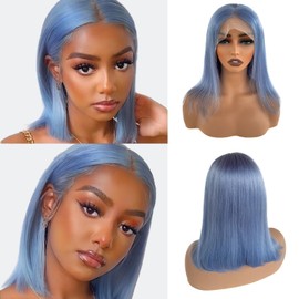OiMiGO Human Hair Wigs 180% Density Full and Thick,13x4 HD Transparent Lace Bob Wigs for Women,Light Blue Wig without Variegated Color 10A Grade Lace Frontal Wigs(14Inch,Light Blue)