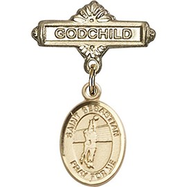Gold Filled Baby Badge with St. Sebastian/Volleyball Charm and Godchild Badge Pin 1 X 5/8 inches