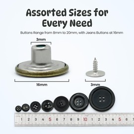 400-600 PCS Assorted Buttons Kit 2 and 4 Holes and 12 PCS Jeans Buttons with Installation Tools – Perfect for Sewing, DIY Crafts, Manual Button Painting, and Repairs (Black Style Set)