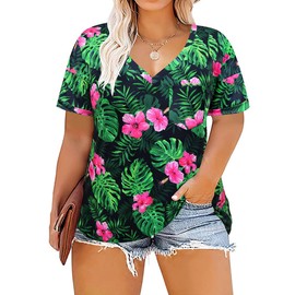 TIYOMI Womens Plus Size Tops Short Sleeve Shirts V Neck T Shirts Casual Blouse Soft Tops Tie Dye/Floral/Soild Color Shirts XL-5XL